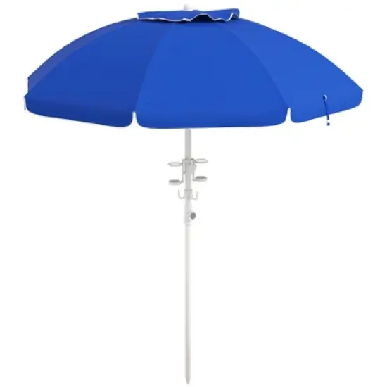 DOMETOUR Outsunny 5.7' Beach Umbrella, Tilt, Adjustable Height, Cup Holders, Hooks, UV 40+ Ruffled Canopy, Vented, Blue image {2}