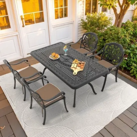 5-Piece Cast Aluminum Outdoor Dining Set with Brown Cushions, Rectangle Table & Stackable Chairs - for Patio, Backyard image {10}
