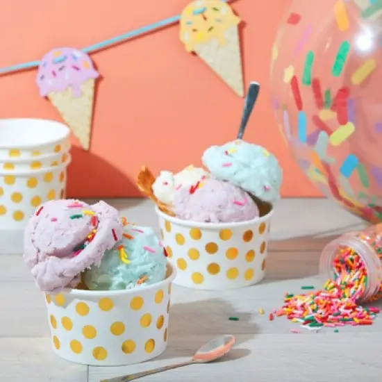 Juvale 100 Pack Paper Ice Cream Cups, Disposable Dessert Bowls with Gold Polka Dots for Sundae Bar, Frozen Yogurt, White, 8 oz image {1}