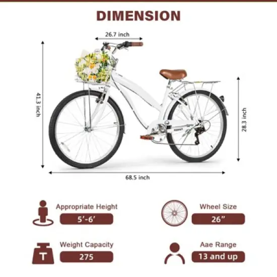 hykolity 26" Commuter Bike Beach Cruiser Bicycle City Bike Cycling 7 Speed for Adult Front Basket Rear Rack Multi Color image {5}