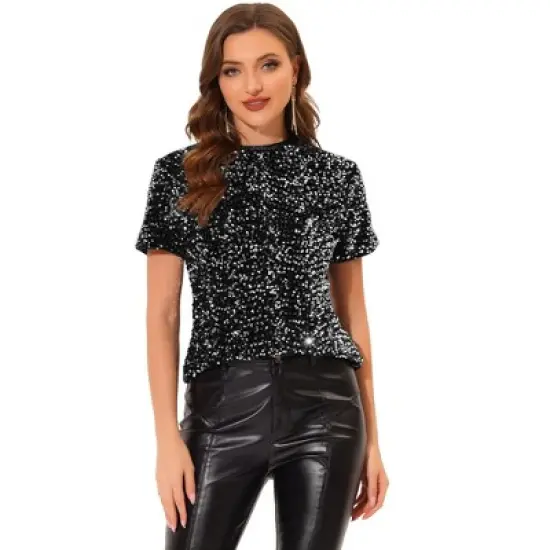 Allegra K Women's Sequin Velvet Crew Neck Short Sleeve T-shirt image {5}