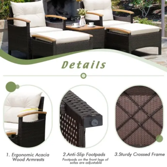 Tangkula Outdoor Patio 5PCS Rattan Conversation Furniture Set Acacia Wood Frame Chair with Coffee Table & 2 Ottomans for Backyard&Poolside image {7}
