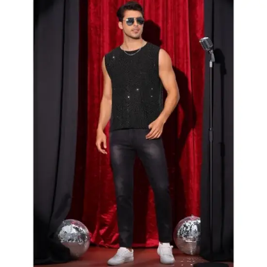 Lars Amadeus Men's Sleeveless Round Neck Metallic Party Glitter Tank Top image {1}