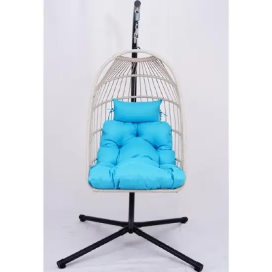 DOMETOUR Outdoor Egg Hanging Chair with Stand, Patio Wicker Swing Egg Chair Indoor Swinging Chair Outdoor Hammock Egg Chair BLUE image {11}