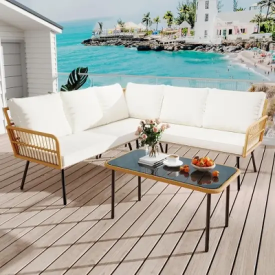 4 Piece Outdoor Wicker Patio Sectional L-Shaped Set, All-Weather Rattan Conversation Set with Glass Top Coffee Table & Cushioned Chairs image {6}