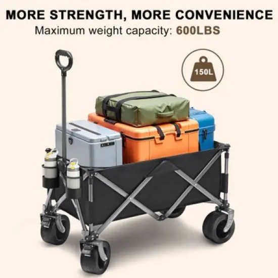 SUGIFT Vertical Folding Collapsible Wagon Cart, 150L Capacity, 600 lbs Load, Shock-Absorbing Wheels, Steel Frame, Black image {3}