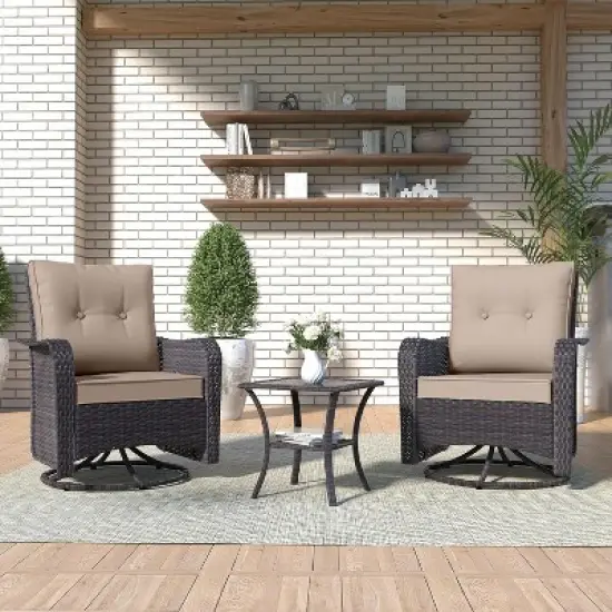 ALAULM Patio Furniture Set Outdoor Swivel Gliders Rocker, Wicker Patio Bistro Set, Rocking Chair with Tempered Glass Table and Thickened Cushions image {12}