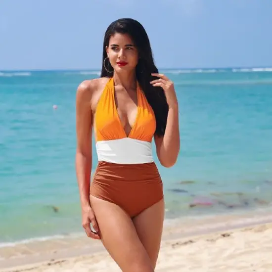 Women's Colorblock Halter Backless Ruched One Piece Swimsuit - Cupshe image {5}