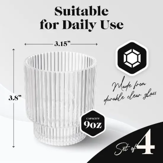 American Atelier Vintage Art Deco 9 oz. Fluted Drinking Glasses Set of 4, Old Fashion Tumbler for Cocktails, Ribbed Lowball Glass Cup, Clear image {1}