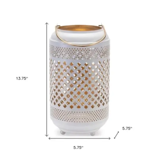 HomeRoots 14" White And Gold Pierced Lattice Metal Lantern Candle Holder image {2}
