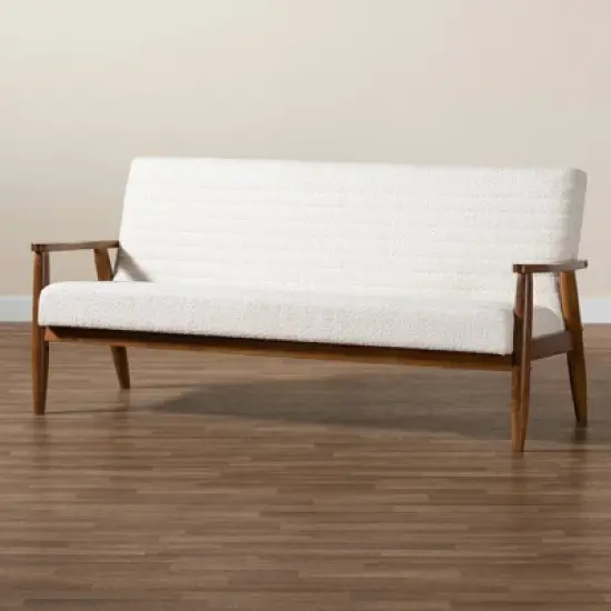 Stratton Boucle Fabric and Wood Sofa White/Walnut Brown - Baxton Studio image {8}