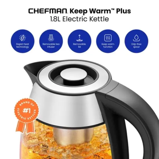 Chefman 1.8L Rapid-Boil Kettle with Keep Warm and Tea Infuser - Stainless Steel: Electric Water Boiler, 1500W, Silver image {1}