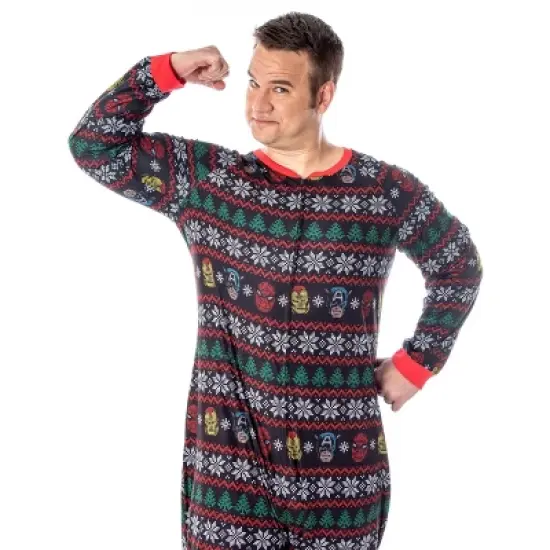 Marvel Adult Superhero Trio Ugly Sweater Print One Piece Pajama Union Suit Multi image {3}
