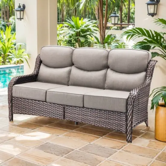 Buenhomino Patio Sofa 3-Seat Wicker Couch with 6" Thick Cushion - Outdoor Furniture Rattan Sofa with High Back for Garden Porch Sunroom image {1}