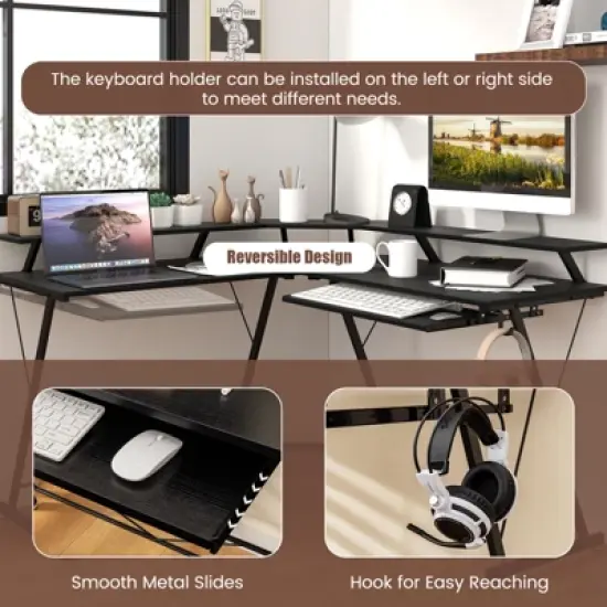 Tangkula L-shaped Computer Corner Desk 51&rdquo; Reversible Office w/Power Outlet USB Ports Monitor Stand Keyboard Tray Gaming Desk with Hook image {7}