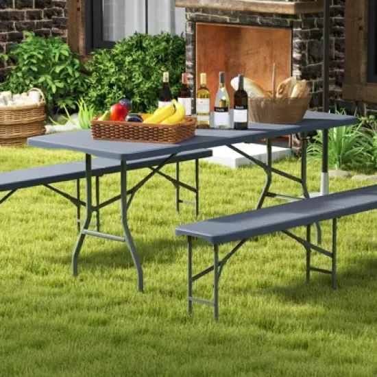 Tangkula 3 PCS Folding Picnic Table Set w/ 6 ft Table & 2 Benches HDPE Tabletop Bench Top Gray image {2}
