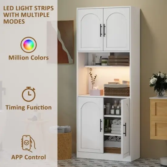 Kitchen Pantry Cabinet with RGB Light, Tall Kitchen Hutch Bar Cabinet with Microwave Stand and Barn Doors & 2 Open Shelves image {3}