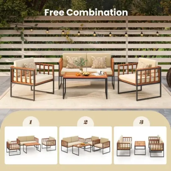Costway 4 PCS Acacia Wood Outdoor Sofa Set with Heavy Duty Metal Frame Soft Seat image {6}