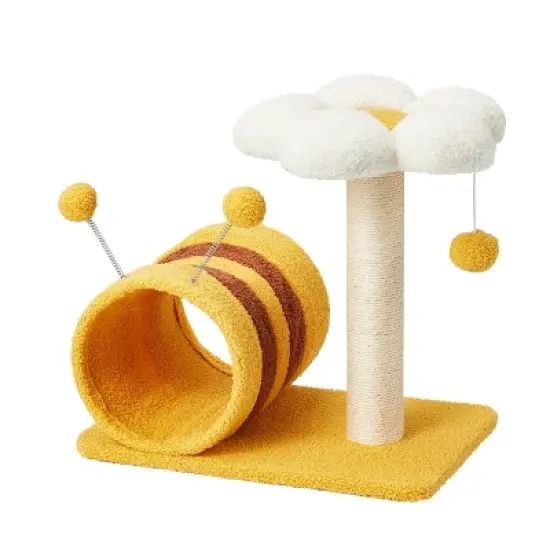 EROMMY 14.6" Flower Cat Tree with Well-padded Perch, Cat Tower with Sisal Scratching Posts and Interactive Toys, Yellow image {4}