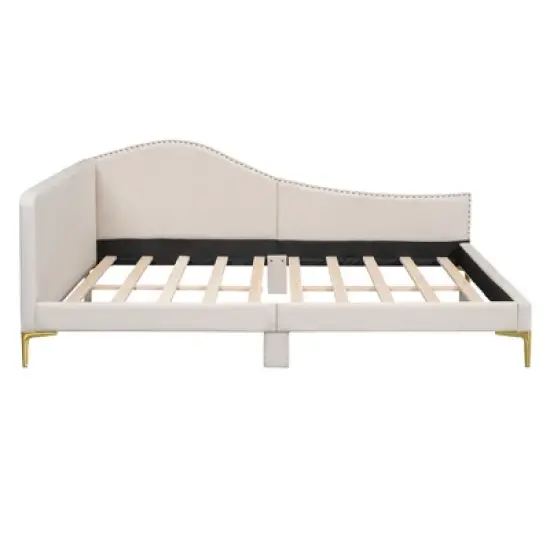 Twin/Full Size Upholstered Daybed with Headboard, Armrest and Support Legs, Grey/Beige-ModernLuxe image {3}