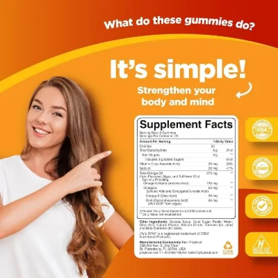 DHA Omega 3 Gummies for Adults, Chia Seed & Omega 3 6 9 Supplement for Inflammation, Energy, Insulin & Immune Support, Lemon & Orange, Phytoral, 60ct image {2}