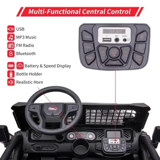 2 Seaters Kids Ride On Truck, 24V 9Ah Electric Riding Car with Remote Control, Led Light, Storage Space, Bottle Holder, Music, Horn, USB image {1}