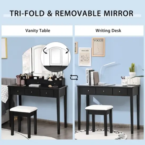 Costway Vanity Table Stool Set Large Tri-folding Lighted Mirror 6 Drawer Dresser White\Black image {6}