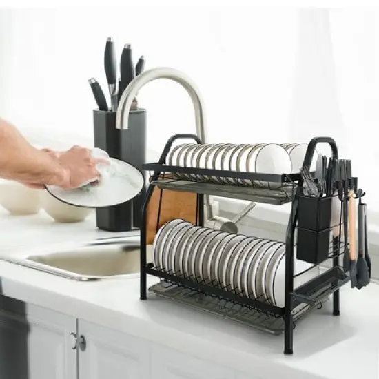 Fortune Candy 16'' Tall Large Capacity Multifunction Storage 2 Tier Dish Drying Rack image {7}