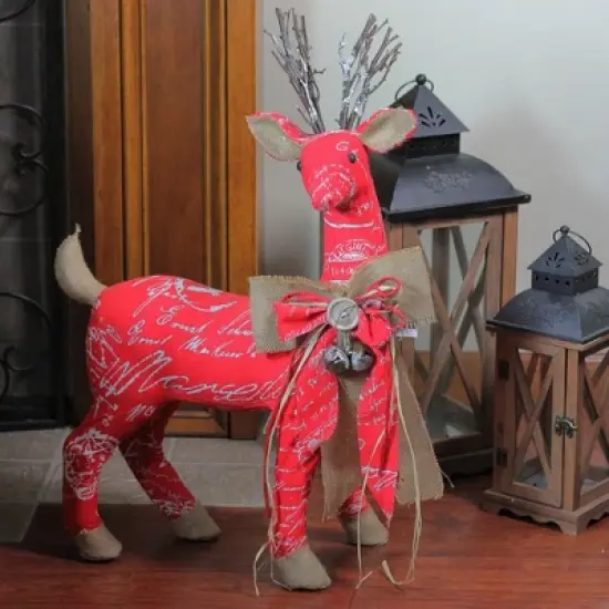 Northlight Reindeer with Burlap Bow Christmas Decoration - 24" - Red and Brown image {2}