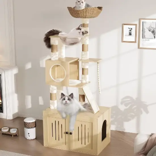 Cat Tree with Litter Box Enclosure, Hidden Litter Box Tree with Sisal Scratching Post and Soft Plush Perch image {9}