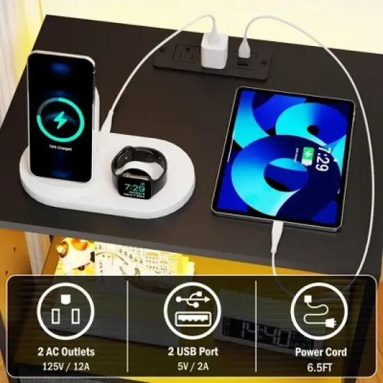 Kumasinova Wood Nightstand with Charging Station,Night Stand Set 2 with LED Lights,Nightstands with 2/4/6 Fabric Drawers,Bedside Table for Bedroom image {3}