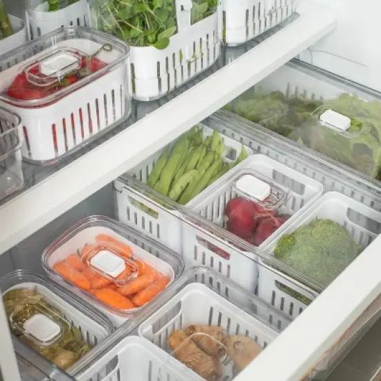 OU Fridge Organizer Bin with Drain Basket & Vented Lid, 5.3qt Clear Stackable Refrigerator Storage Bin, Produce Kitchen Storage Container, BPA Free image {9}