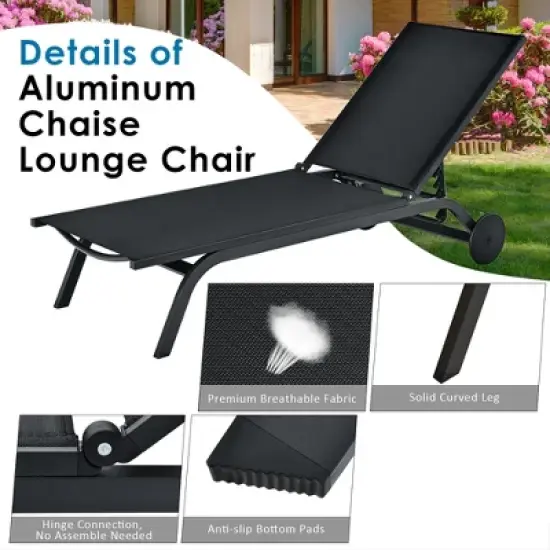 Costway Outdoor Lounge Chair Chaise Reclining Aluminum Fabric Adjustable Black image {7}