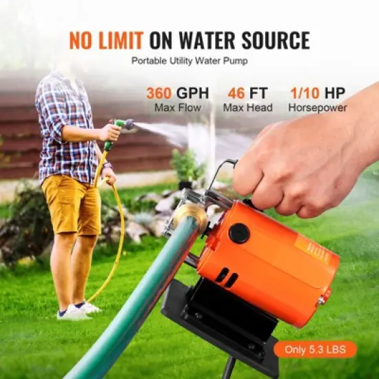 VEVOR Water Transfer Pump, 120V AC 360 GPH 1/10 HP, Portable Electric Utility Pump with 6 ft Suction Hose Kit, Carbon Brushes, Impeller, Orange image {2}