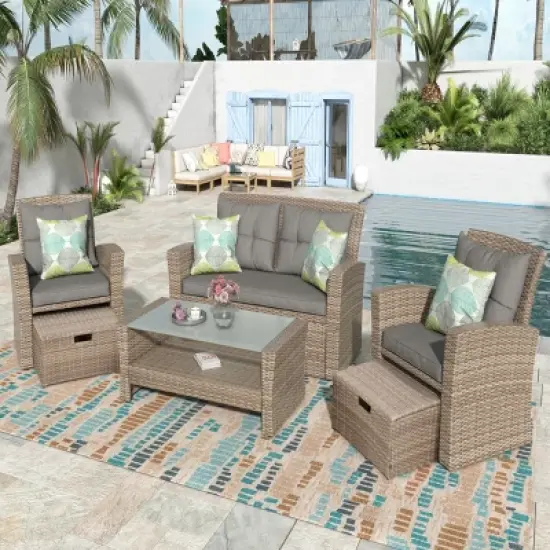 Eden 6 Piece Outdoor Conversation Set All Weather Wicker Sectional Sofa with Ottoman and Cushions Patio Furniture Set-Maison Boucle image {12}