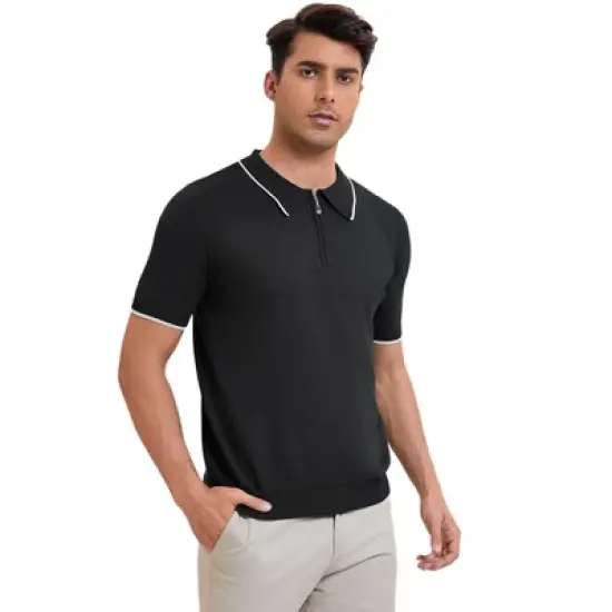 INSPIRE CHIC Men's Formal Solid Color Short Sleeved Zipper Slim Fit Classic Knit Polo Shirts image {1}