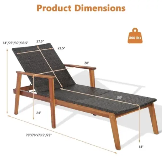 Tangkula 2PCS Adjustable Patio Rattan Lounge Chair  Recliner Outdoor Chaise Acacia Wood Frame image {3}