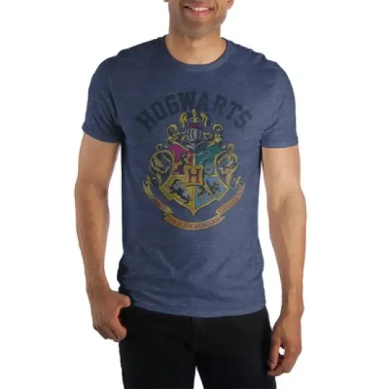 Harry Potter Hogwarts Crest and Motto Draco Dormiens Nunquam Titillandus Men's Blue Tee T-Shirt Shirt image {2}
