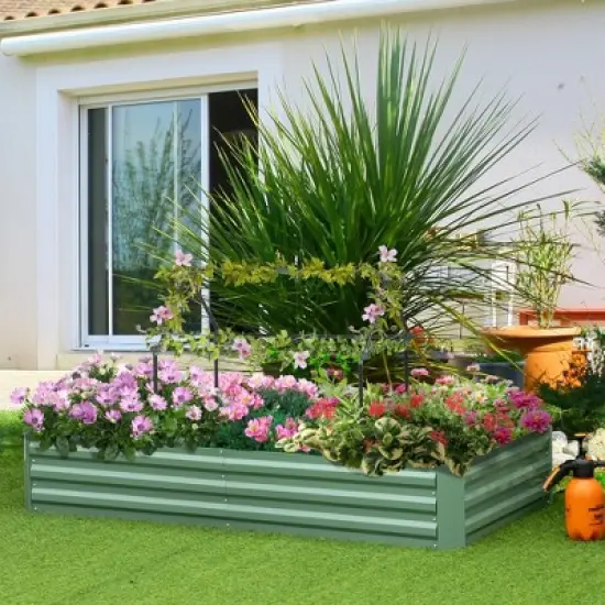 Outsunny Raised Garden Bed, Galvanized Elevated Planter Box with 2 Customizable Trellis Tomato Cages for Climbing Vines, 5.9' x 3' x 1', Green image {2}