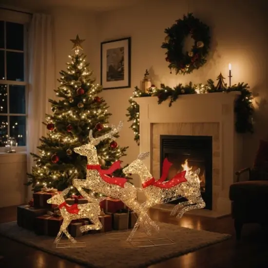 LuxenHome 3-Piece Champagne Gold PET Running Deer Family Outdoor Holiday Decoration with Lights Brown, Red image {5}