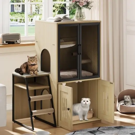 Cat Litter Box Enclosure with Ladder and Doors for 2 Cats,Double Cat House with Storage Space image {10}