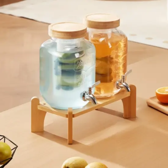 VEVOR Beverage Dispenser, 2 Pack 1 Gallon Drink Dispensers for Parties, Glass Juice Dispenser with Wood Stand, Stainless Steel Spigot,Infuser, Clear image {1}