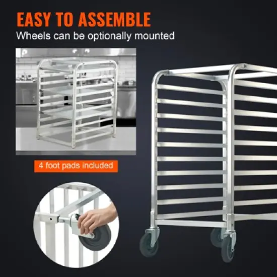 VEVOR Bun Pan Rack, 10-Tier Commercial Bakery Racks with Brake Wheels, Aluminum Racking Trolley Storage for Half & Full Sheet, 26"L x 20.3"W x 39"H image {5}