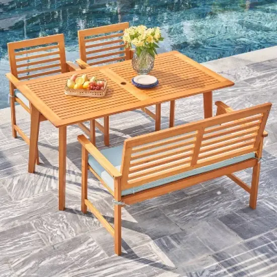 Waimea 4pc Honey Slatted Eucalyptus Wood Patio Dining Set with Bench & Cushions - Vifah image {4}
