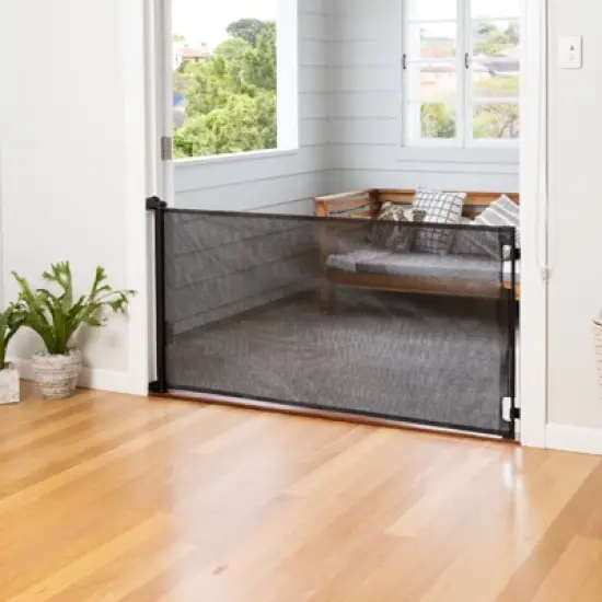 Perma Child Safety Outdoor Retractable Baby Gate 33" Tall, Extends to 71" Wide, Black image {1}