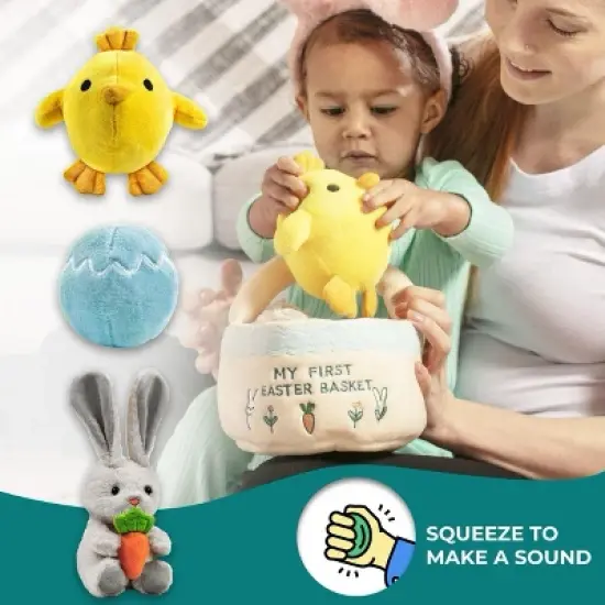 Easter Baby Plush Playset with Easter Basket, Bunny Holding Carrot, Easter Egg, and Squeaky Chicken, Sensory and Decorative Toys for Babies & Newborns image {2}