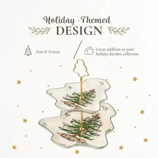 Spode Christmas Tree 2-Tiered Server, Tree-Shaped - Holiday Cupcake Stand, Dessert Display Set, Porcelain Serving Platter, 10" & 8", Dishwasher Safe image {2}