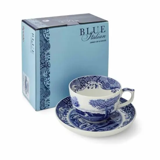 Spode Blue Italian 20oz Jumbo Cup & Saucer Set - Scenic Motif & Decorative Border - Elegant Hot Beverage Mug for Tea, Coffee image {3}