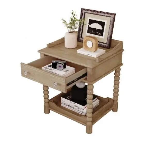 Sapphtopaz Retro Night Stand with Drawer and 2-Tier Open Shelf, Wood Bedside Table with Turned Legs and Metal Handle, Nightstand for Bedroom image {6}