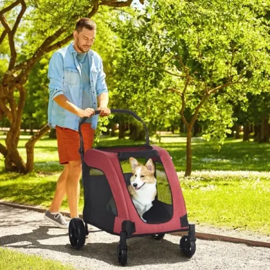 PawHut Pet Stroller Universal Wheel with Storage Basket Ventilated Foldable Oxford Fabric for Medium Size Dogs, Red image {2}